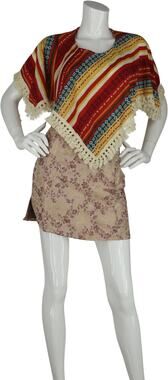70s Vintage Aztec Tribal Hippie Festival Poncho Cape Crop Top Shirt Junior